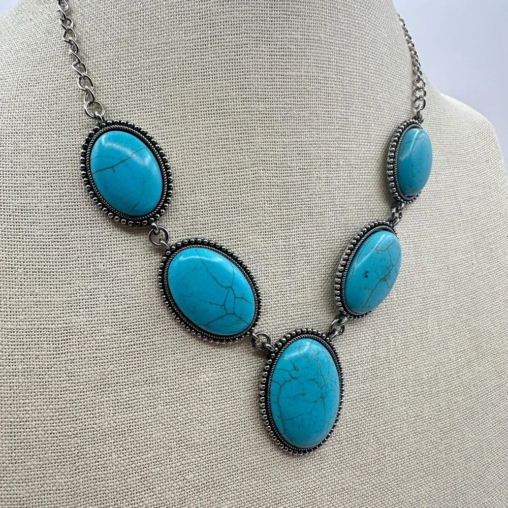 VTG Silver Tone Turquoise Color Bib‎ Necklace Chunky Statement Bold Boho Retro